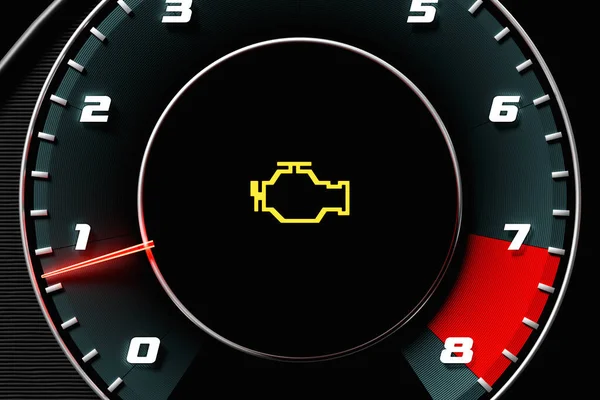 3D illustration close up black car panel, digital bright tachometer, engine icon blinking on black isolated background