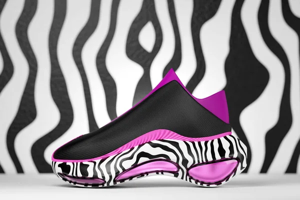 Black Sneakers Animal Print Sole Concept Bright Fashionable Sneakers Rendering — Stok fotoğraf