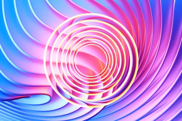3d illustration of a portal from a circle,  walkway.  A close-up of a pink  and blue round monocrome tunnel.