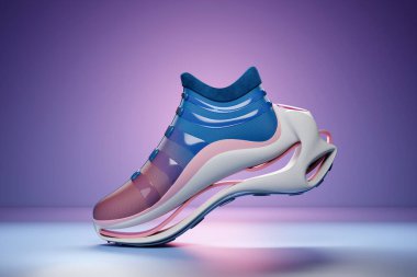 3d illustration of sneakers with bright gradient holographic print. Stylish concept of stylish and trendy sneakers