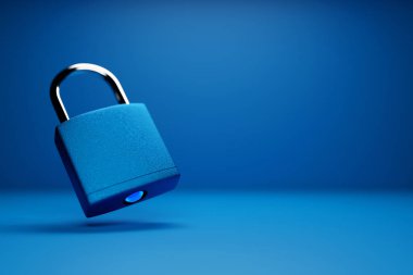 3D illustration of the blue metal padlock isolated on monocrome background