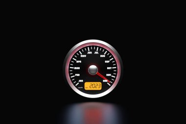 Year 2023 calendar speedometer car on black background. Christmas in the automotive field. Counting months, time until the new yea