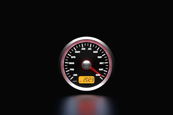 Year 2023 Calendar Speedometer Car Black Background Christmas Automotive Field — Stock Photo, Image
