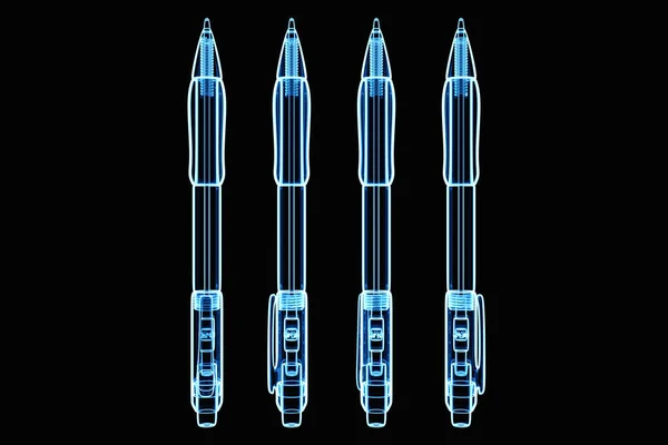 Close Transparent Blue Neon Pens Black Background Illustration Stationery — Stok fotoğraf