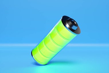 3d illustration of green battery on blue background