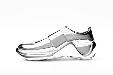 3d illustration of silver sneakers with foam soles and closure  on a  white background. Sneakers side view. Fashionable sneakers.