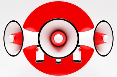 Megafon hoparlörü ya da megafon, gerçekçi 3D illüstrasyon. Zili ve sapı olan modern izole megafon hoparlörü, cankurtaran acil sinyali ve anonslar için hoparlör.