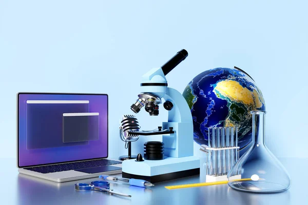 3D illustration of a laptop with an open browser tab on the screen,laboratory microscope and  set of laboratory instruments