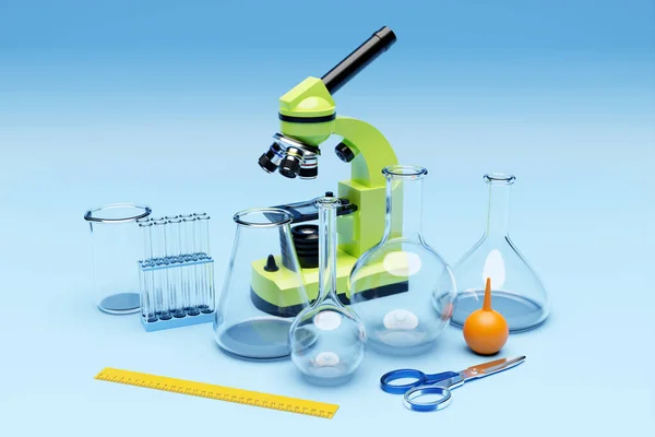 3d illustration of a set of laboratory instruments and a microscope. Chemical laboratory research on a blue background