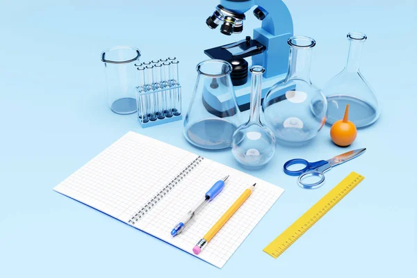 Illustration Set Laboratory Instruments Microscope Chemical Laboratory Research Blue Background — 스톡 사진