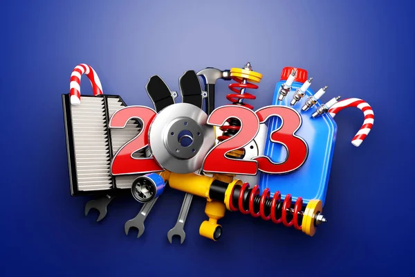 Ілюстрація Дизайн Щасливий Новий Рік 2023 Автозапчастинами Концепції Автомеханічного Обслуговування — стокове фото