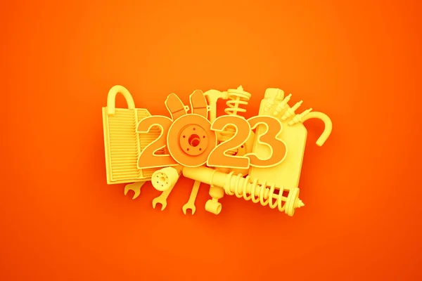 3d illustration design happy new year 2023 with auto parts for auto mechanic service concept isolated on orange  background.