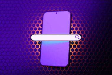 3d illustration of a smartphone with an open browser tab on the screen. Internet search using smartphone.