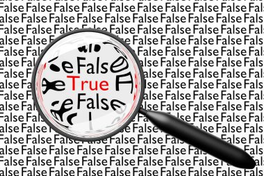 3D illustration of a magnifying glass with opposite words true and false on the background. Truth search concept clipart