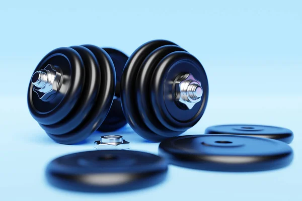 Black Iron Dumbbells Disassembled Plates Blue Isolated Background Rendering — Stockfoto