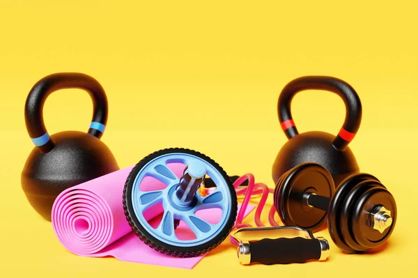 3D illustration, black dumbbells, gymnastic roller, mat, kettlebells, and fitness bands on a bright colorful background. Time to change your body concept.