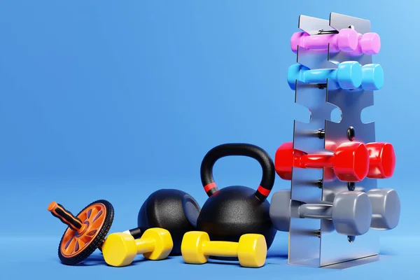 Bunch Fitness Training Weights Blue Background Colorful Dumbbells Shelf Kettlebell — Stockfoto