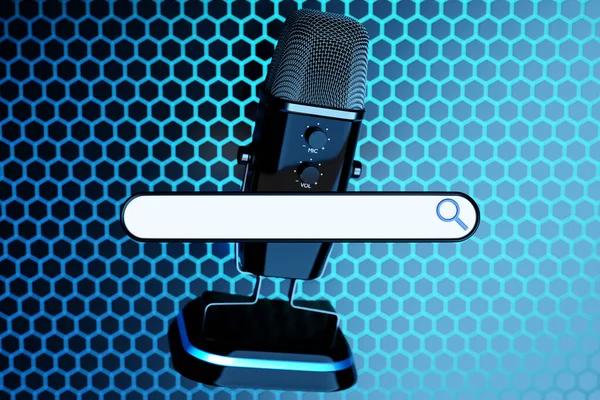 3D illustration of a silver microphone with an information search bar on a blue  background. The concept of communication via the Internet, social networks, chat, video, news, messages