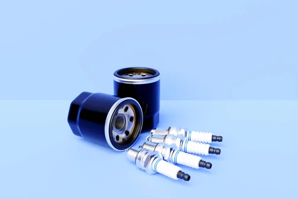 Black Fuel Filter Car Spark Plugs Blue Background Illustration Car — Stock Photo, Image