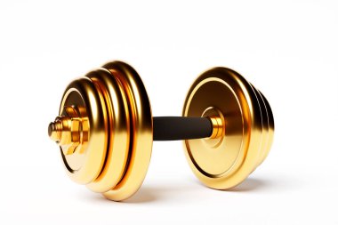 3D illustration  metal  golden  dumbbell with disks on white background. Fitness and sports equipment