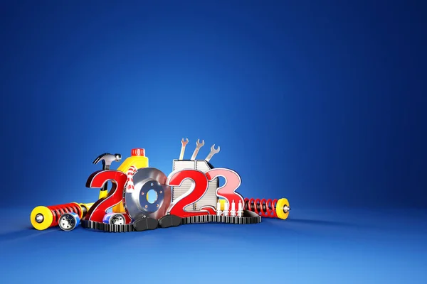 Ілюстрація Дизайн Щасливий Новий Рік 2023 Автозапчастинами Концепції Автомеханічного Обслуговування — стокове фото