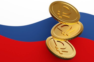 3d illustration of a lot of gold coins with the sign of the ruble on the background of the national flag