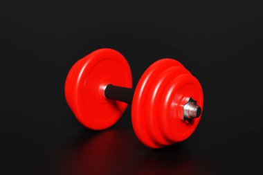 3d render illustration of a dumbbell with  red  plates, isolated on black background. Creative concept.