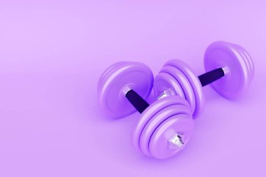 3D illustration  metal  purple dumbbell with disks on purple background. Fitness and sports equipment