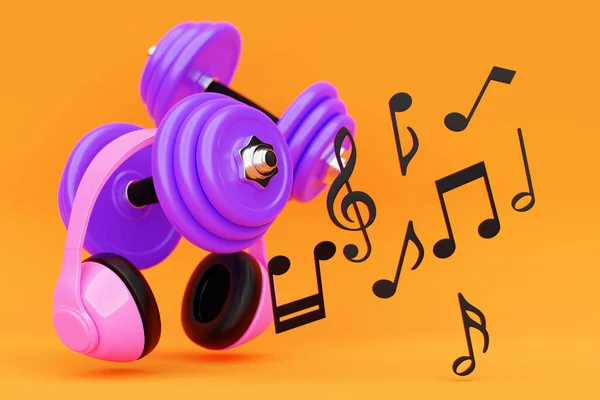 Illustration Pink Headphones Dumbells Yellow Isolated Background Sports Equipment Fitness — стоковое фото