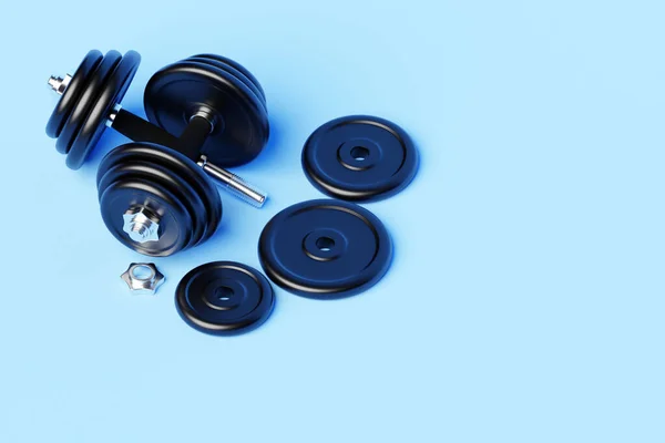 Black Iron Dumbbells Disassembled Plates Blue Isolated Background Rendering — Zdjęcie stockowe