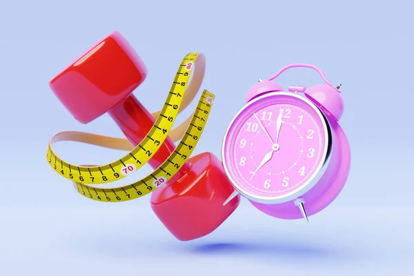 3D colorful illustration of  red plastic dumbbell, clock  and a measuring tape  on a pink background. Sports equipment. Time to exercise and lose weight