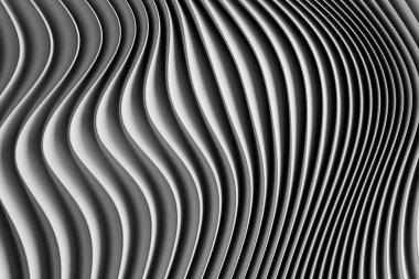 Stereo beyaz bir şeridin üç boyutlu çizimi. Geometrik çizgiler dalgalara benzer. Soyut ışıldayan çizgi deseni