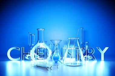  3D  illustration laboratory glass equipment, test tubes and flasks on blue background. Laboratory glassware for medical or scientific research. Empty flasks, glasses.