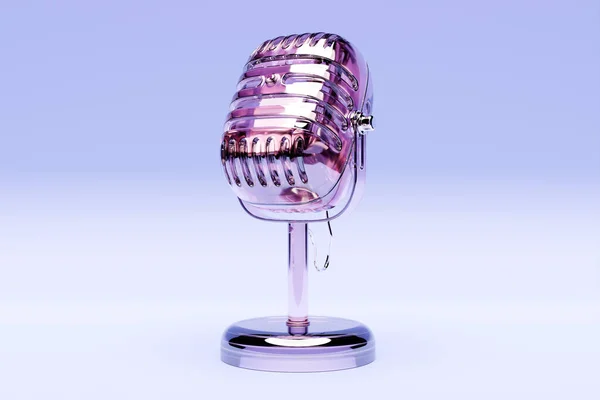 Icono Micrófono Transparente Rosa Sobre Fondo Azul Vista Cerca Espectáculo —  Fotos de Stock