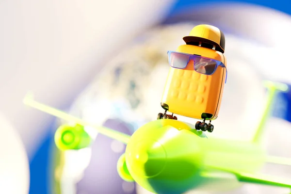 Yellow Suitcase Cap Sunglasses Green Plane Fly Vacation Travel Concept — Stockfoto