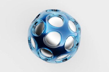 3D rendering. Blue ball with holes. Close-up of a geometric figure of a ball on a white background