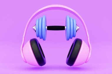 Pembe klasik kablosuz kulaklıklar ve dambıl izole edilmiş 3D yeniden düzenleme. Kulaklık ikonu illüstrasyonu. Spor malzemeleri. 