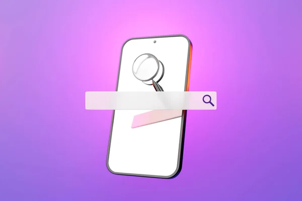 3D illustration of a mobile phone with a search bar on a pink background with geometric shapes. Internet search using smartphone.