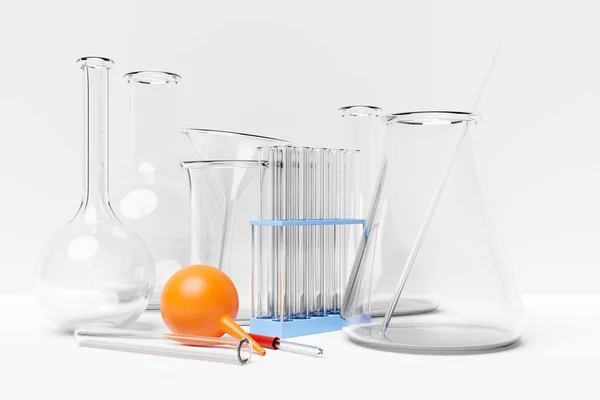 3d illustration of a set of laboratory instruments. Chemical laboratory research set on white background