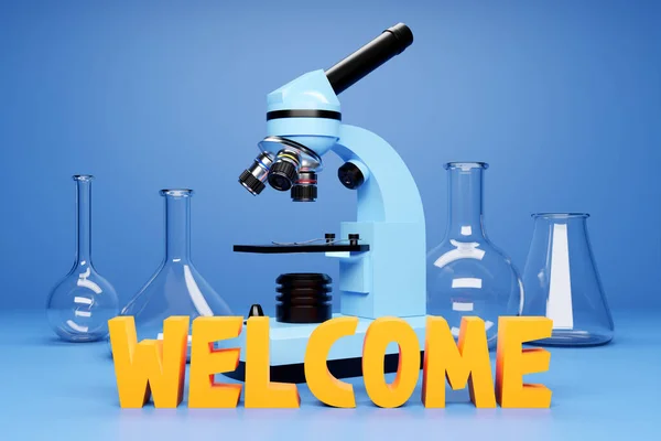 3d illustration of a set of laboratory instruments,  microscope and  inscription welcome . Chemical laboratory research on a blue background