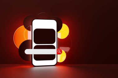 Geometrik şekilli koyu arkaplan üzerinde arama çubuğu olan bir cep telefonunun üç boyutlu çizimi. Akıllı telefon kullanarak internet araması.