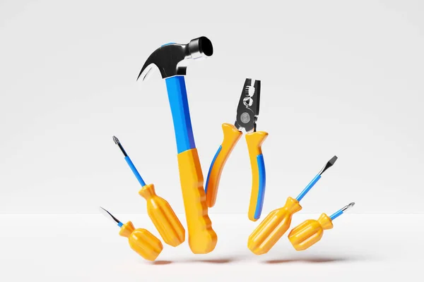 Illustration Metal Hammer Yellow Handle Screwdrivers Pliers Hand Tools Isolated — Foto de Stock