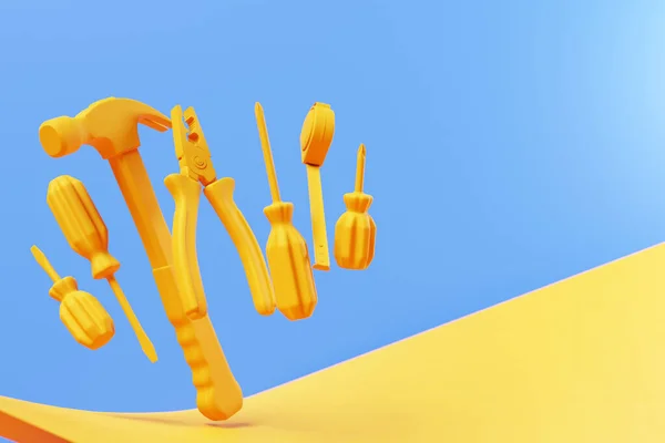 Illustration Gelbe Handwerkzeuge Schraubendreher Hammer Zange Schrauben Usw Für Handarbeit — Stockfoto