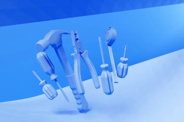 Illustration Blue Hand Tools Screwdriver Hammer Pliers Screws Etc Handmade — Stock Photo, Image