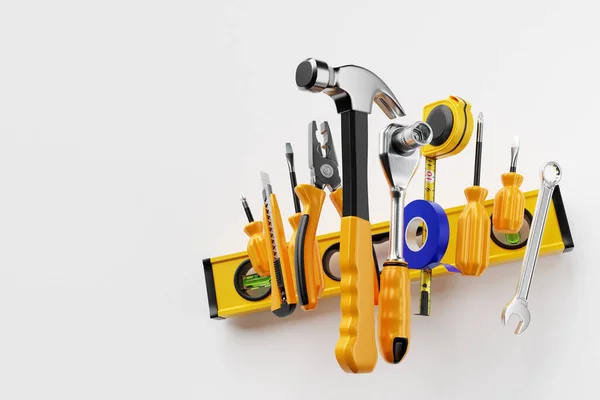 Various Working Tools Construction Repair Screwdriver Level Electrical Tape Hammer — Foto de Stock