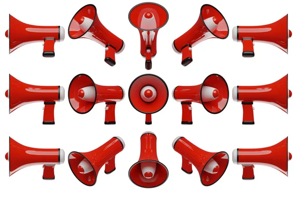 Red Cartoon Loudspeaker All Sides White Monochrome Background Illustration Megaphone — Stock Photo, Image