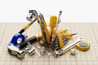 Metal bir çekiç, tornavida, pense, seviye, mezura, elektrik bandı, kağıt üzerinde sarı saplı kesici. Tamir ve kurulum için bir el aracının 3B görüntülenmesi