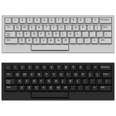 3D illüstrasyon, gerçekçi bir bilgisayar klavyesinin beyaz ve siyah iki renkli yakın plan görüntüsü.