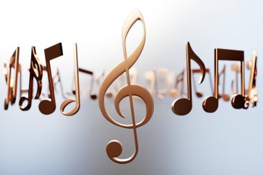 Realistic golden metal treble clef and   musical notes on a white background. 3d golden musical symbol - decoration elements for design. 