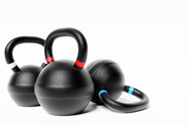 Training weights  on white isolated background. Dumbbells, kettlebell.